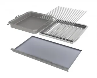 Kombi-Set 4-teilig Pfanne + V2A Rost Einzelstäbe + Flammabdeckung + Fettwanne für Gastrobräter 5-flammig